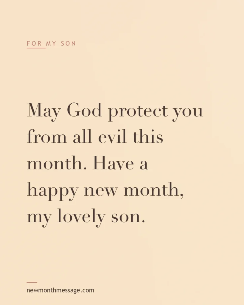 Happy new month message for a Son on a colourful quote card reading "May God protect you from all evil this month. Have a happy new month, my lovely son."