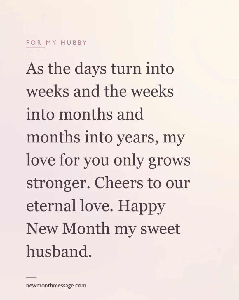 Happy new month message for a Hubby on a colourful quote card reading "As the days turn into weeks and the weeks into months and months into years, my love for you only grows stronger…"