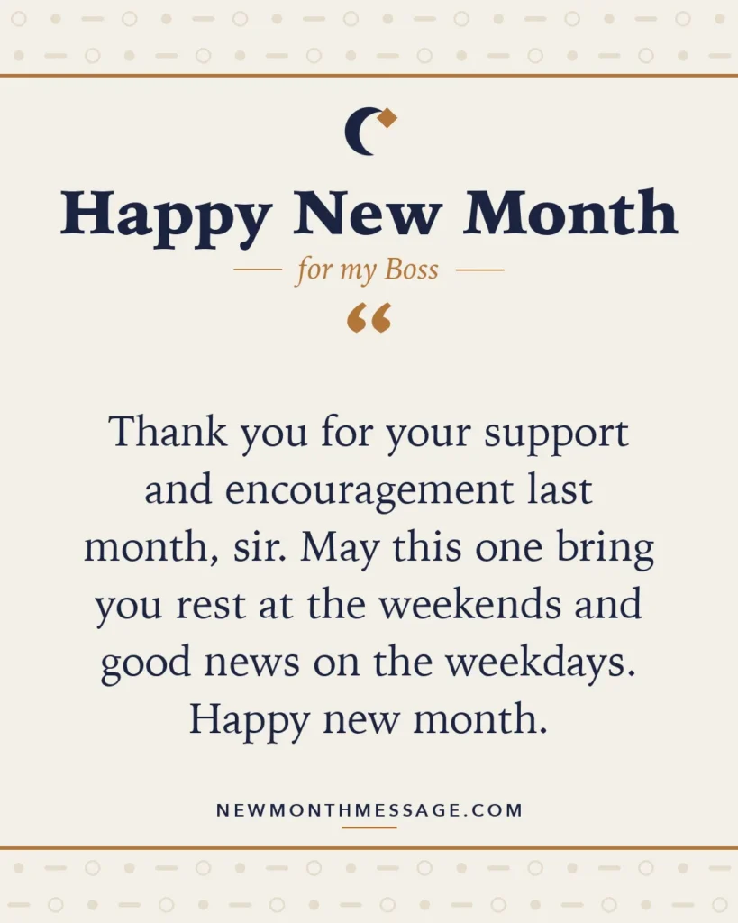Happy new month card for my Boss: "Thank you for your support and encouragement last month, sir. May this one bring you rest at the weekends and good…"