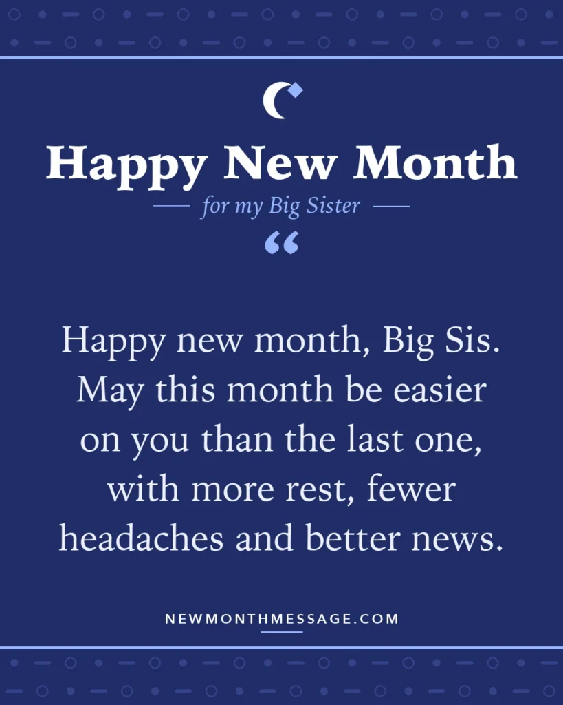 Happy new month card for my Big Sister: "Happy new month, Big Sis. May this month be easier on you than the last one, with more rest, fewer headaches and…"