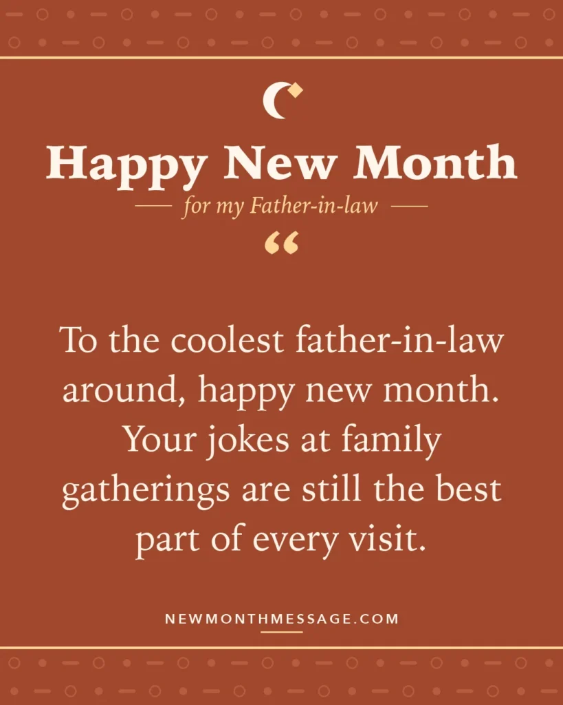 Happy new month card for my Father-in-law: "To the coolest father-in-law around, happy new month. Your jokes at family gatherings are still the best part of…"