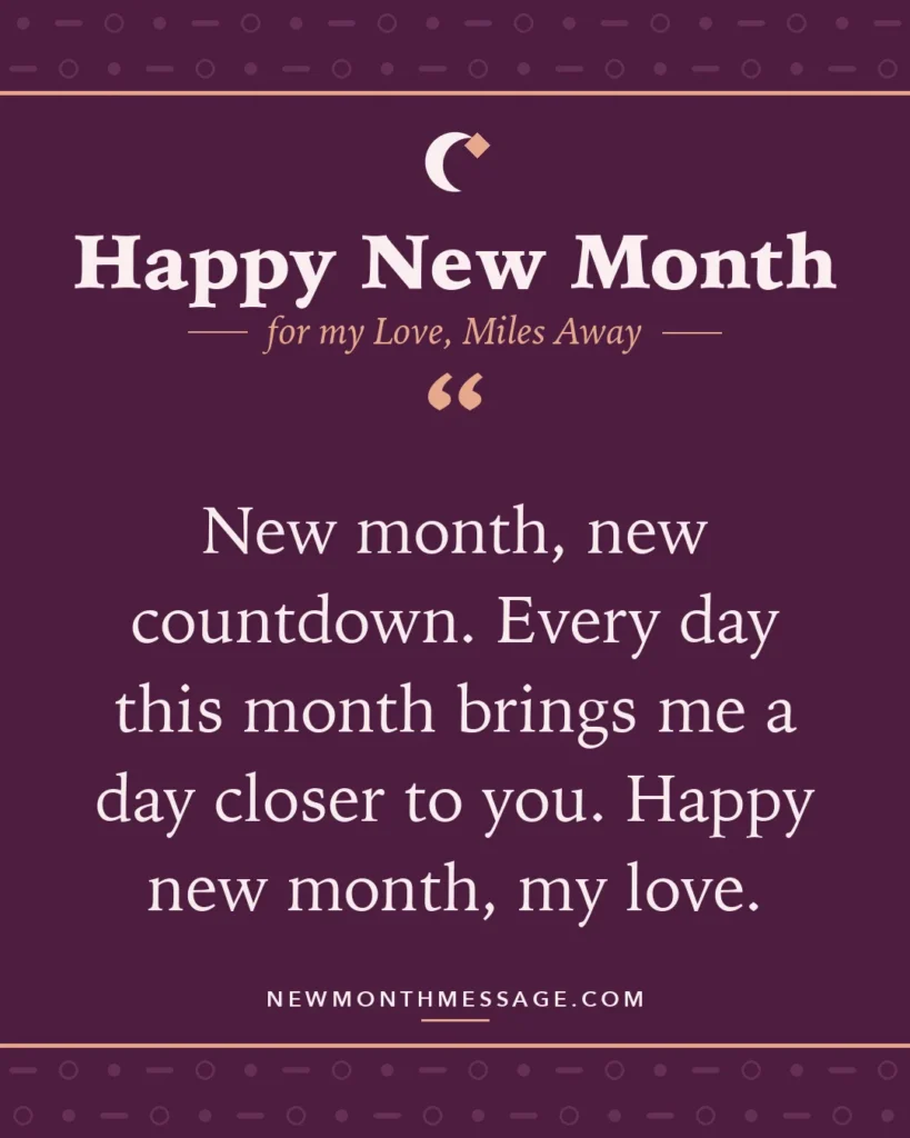 Happy new month card for my Love, Miles Away: "New month, new countdown. Every day this month brings me a day closer to you. Happy new month, my love."
