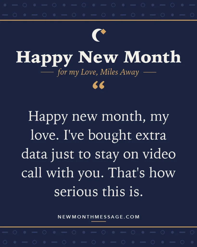Happy new month card for my Love, Miles Away: "Happy new month, my love. I've bought extra data just to stay on video call with you. That's how serious this is."