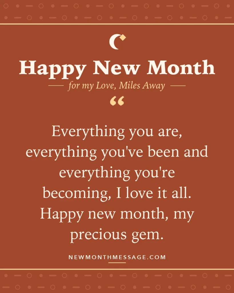 Happy new month card for my Love, Miles Away: "Everything you are, everything you've been and everything you're becoming, I love it all. Happy new month, my…"